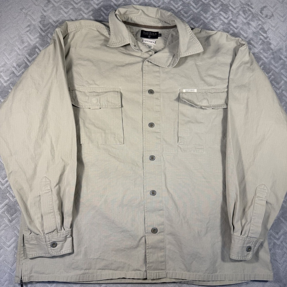 Nautica Jeans Co Civvies Men's Long Sleeve Button Up Beige Workwear Casual‎ XL